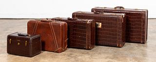 GROUP, FIVE VINTAGE LEATHER LUGGAGE CASES