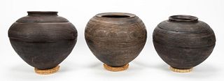 THREE WEST AFRICAN POTTERY VESSELS W/ STANDS