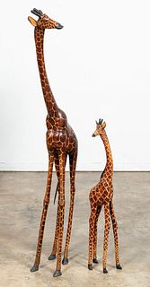 TWO CARVED WOOD AFRICAN GIRAFFE SCULPTURES