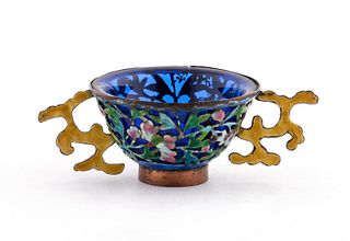CHINESE ENAMELED WINE CUP WITH COBALT LINER