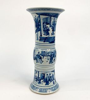 CHINESE QING STYLE BLUE AND WHITE GU FIGURAL VASE