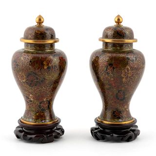 PAIR, CHINESE CLOISONNE LIDDED URNS, WITH STANDS