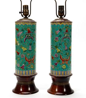PAIR, CHINESE PORCELAIN CYLINDER VASE LAMPS