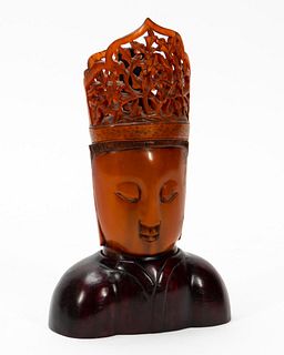 CHINESE CARVED OX HORN BUDDHA HEAD ON WOOD BASE