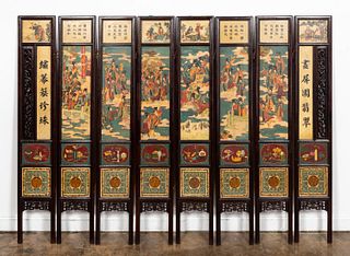 8 PANEL CHINESE WOOD & HAND PAINTED SCREEN
