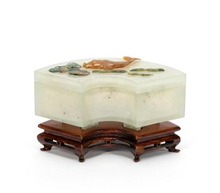 CURVED LIDDED WHITE ONYX & JADE BOX ON WOOD STAND