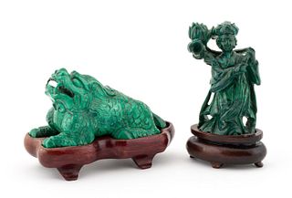 2 CARVED MALACHITE PIECES, GUARDIAN LION & GUANYIN