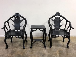 3PC, CHINESE BLACK HORN MOTIF ARMCHAIRS AND TABLE