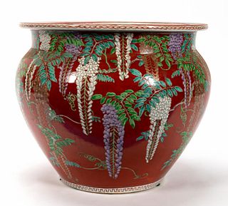 CHINESE RED GROUND & WISTERIA PORCELAIN PLANTER