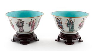 PAIR, CHINESE FIGURAL MOTIF BOWLS W/ STANDS