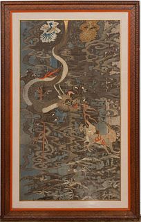 CHINESE FRAMED EMBROIDERY WITH DRAGON & QILIN