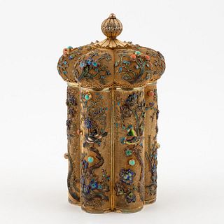 CHINESE ENAMELED & SILVER LIDDED TEA CADDY