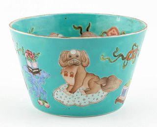 CHINESE PORCELAIN TURQUOISE GROUND BOWL W/ DOGS