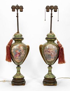 PAIR, 19TH C. SEVRES STYLE HAND PAINTED LAMPS