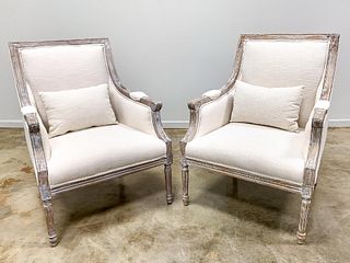 PAIR, DISTRESSED LOUIS XVI STYLE BERGERE CHAIRS