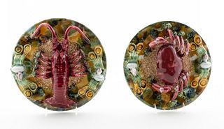 TWO MAJOLICA PALISSY WARE PLATES, LOBSTER & CRAB