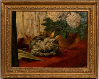 MARY GRAY, STILL LIFE OIL PAINTING WITH CAT