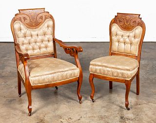 TWO EDWARDIAN MARQUETRY INLAID PARLOR CHAIRS