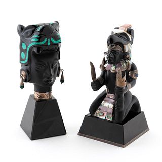 TWO, CARVED OBSIDIAN AND STERLING, MAYAN FIGURES