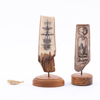 3PC, 2 SCRIMSHAW WHALE TEETH, 1 TINY CARVED WHALE