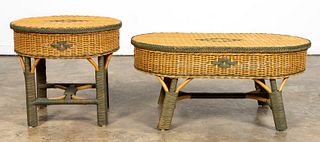 TWO BIELECKY BROTHERS WICKER TABLES, END & SIDE