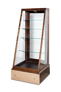 E. 20TH C. SLANT FRONT WOOD AND GLASS DISPLAY CASE