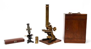TWO ANTIQUE MICROSCOPES & WOODEN BOX