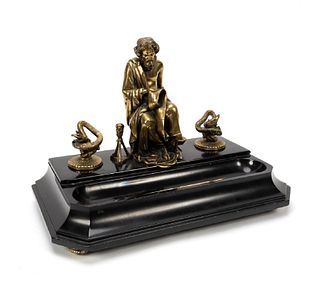 19TH C. FIGURAL BRONZE AND SLATE INKWELL WITH PEN