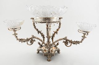 SILVERPLATE & CUT GLASS GRYPHON FORM EPERGNE