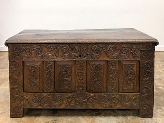 18TH C., CHARLES II STYLE CARVED OAK BLANKET CHEST