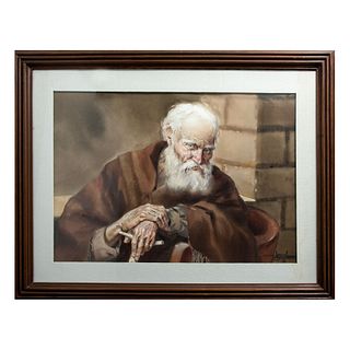 Luis Amendolla. Anciano con bastón. Firmado. Acuarela sobre papel. Enmarcada. 99 x 120 cm
