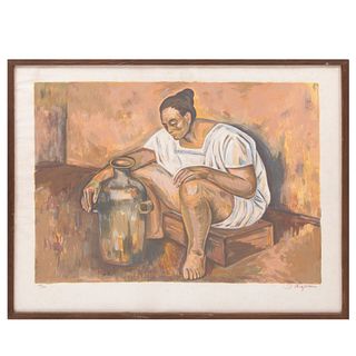 Raúl Anguiano. Mujer sentada. Firmada. Serigrafía, 139/180. Enmarcada. 61 x 87 cm