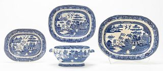 FOUR PIECES, BLUE WILLOW IRONSTONE TABLEWARES
