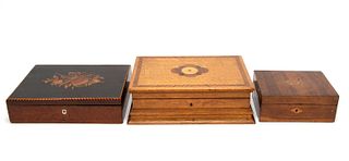 THREE WOODEN INLAID DECORATIVE BOXES, 19TH/ 20TH C