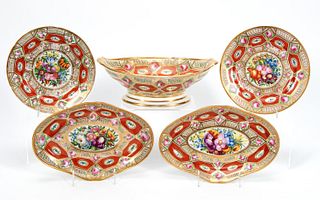 FIVE PIECES, ENGLISH PAINTED AND GILT PORCELAIN