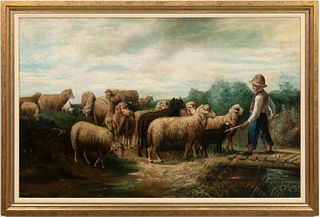 OIL ON CANVAS, FLOCK OF SHEEP, 19TH C