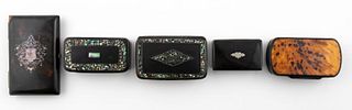FIVE 19TH CENTURY LACQUER BOXES W/ INLAY & SILVER
