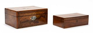 TWO ENGLISH BURL WOOD VENEER BOXES, 19TH CENTURY