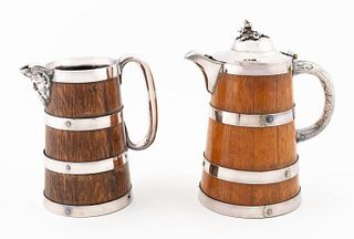 TWO, ENGLISH SILVERPLATE AND OAK PITCHERS, TH&CO.