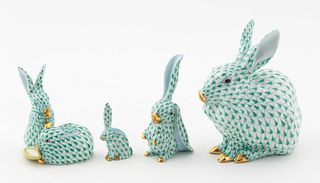 FOUR, HEREND GREEN "FISHNET" BUNNY FIGURINES