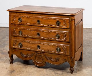 19TH C. LOUIS XV STYLE FRUITWOOD 3-DRAWER COMMODE