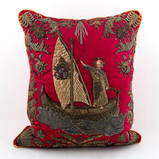 RED METALLIC THREAD EMBROIDERED PILLOW, FIGURAL