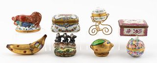 EIGHT WHIMSICAL PAINTED PORCELAIN BOXES