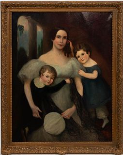 PORTRAIT OF MOTHER AND CHILDREN, OIL ON CANVAS