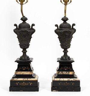 PAIR, ITALIAN BRONZE & MARBLE URN FORM TABLE LAMPS
