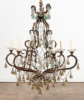 ITALIAN 6 ARM IRON CHANDELIER, COLORED GLASS DROPS