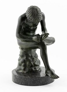 BRONZE FIGURE OF A THORN PICKER ON MARBLE BASE