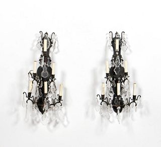 PAIR OF BRONZE & CRYSTAL 6-LIGHT WALL SCONCES