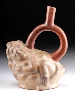 Moche Bi-chrome Stirrup Vessel - Man & Tuber God