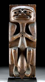Tall 20th C. Tlingit Carved Wood Totem - Man w/ Fish
